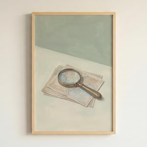Vintage Explorer Map with Magnifying Glass Art Print for Office or Study Decor