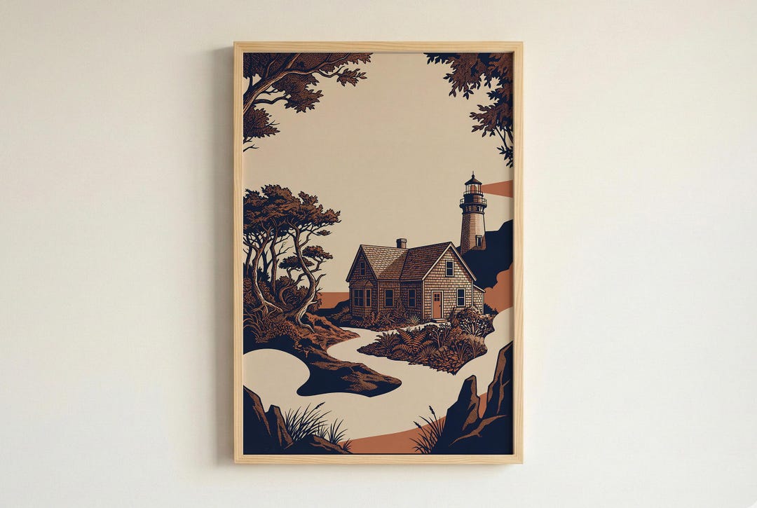 Coastal Lighthouse and House Art Print, Nautical Seascape Wall Decor - Etsy