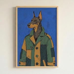 Lámina decorativa de pared con imagen de un perro dóberman con gabardina de retazos.