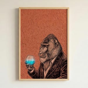 Impresión artística de retrato de mono mandril con bebida brillante