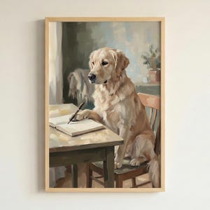 Lámina artística de un Golden Retriever estudiando, ideal para amantes de los perros y para la decoración del hogar.