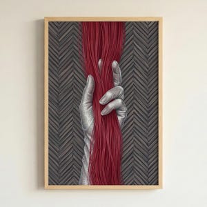 Behandschuhte Hände greifen rote Fäden Abstrakter Kunstdruck für modernes Wohndekor