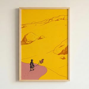 Póster minimalista "Viajero del desierto" con perro, lámina de arte paisajístico moderno para el hogar.