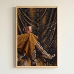 Snake Skin Fashion Print with Copper Mug and Boots - Exotic Decor for Modern Living
