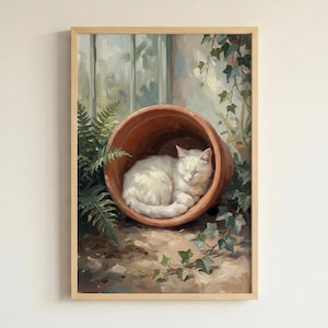 Slapende witte kat in terracotta pot botanische kunst aan de muur