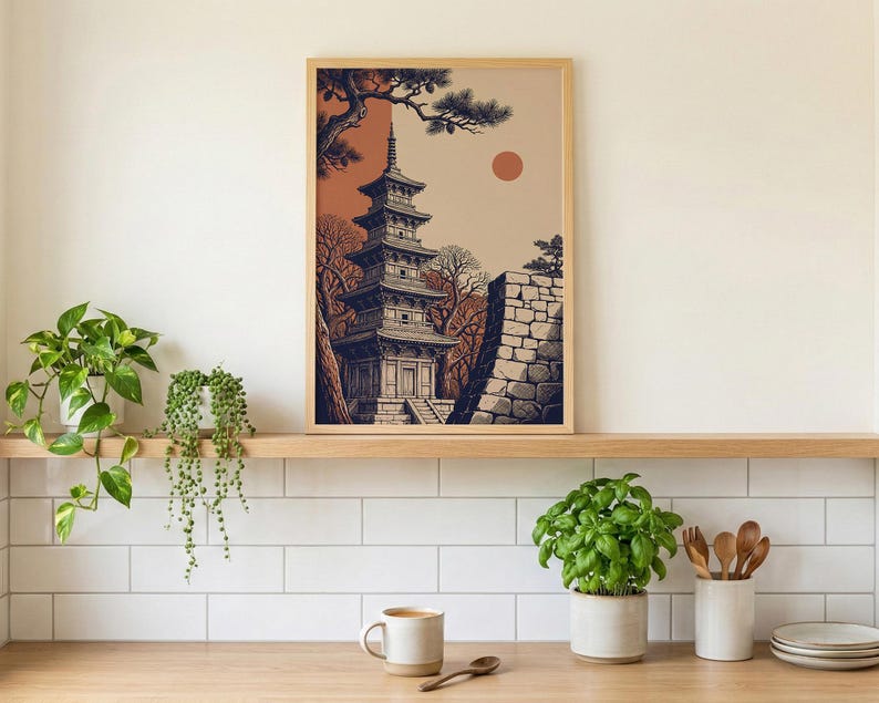 Japanese Pagoda Landscape Art Print With Pine Trees and Stone Wall - Etsy