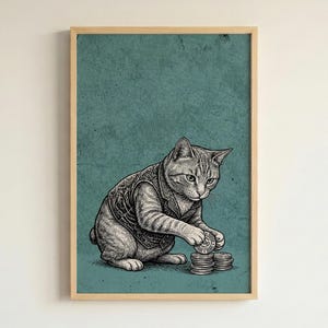 Dapper Cat Playing Poker Chips Poster for Game Room or Office Decor
