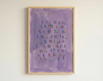 Impressão artística abstrata de multidão em fundo roxo, obra de arte com pessoas reunidas para decoração de casa moderna.