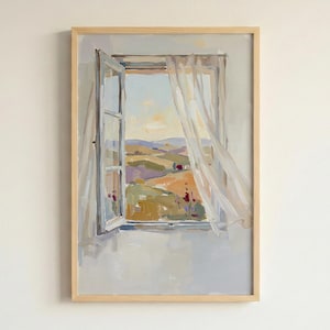 May include: A framed painting depicts an open window with sheer curtains blowing in the wind. The window reveals a landscape of rolling hills in shades of green, orange, and purple. The artwork is in a light, airy style.