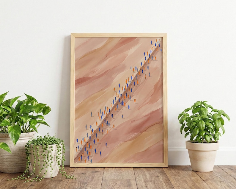 Impressão abstrata em aquarela de uma multidão caminhando, arte em tons terrosos representando o movimento das pessoas, decoração de parede única com fluxo humano. imagem 5