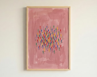 Impressão artística em aquarela de multidão colorida, pintura figurativa moderna de pessoas reunidas, decoração de parede vibrante para comunidade.