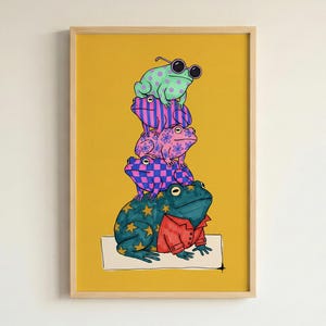 Quirky Frog Tower Wall Art Print - Funky Animal Stack Poster for Playroom or Living Room Decor