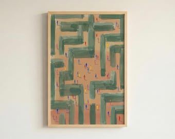 Impressão abstrata de figuras humanas em labirinto, decoração de parede com pessoas caminhando em um labirinto.