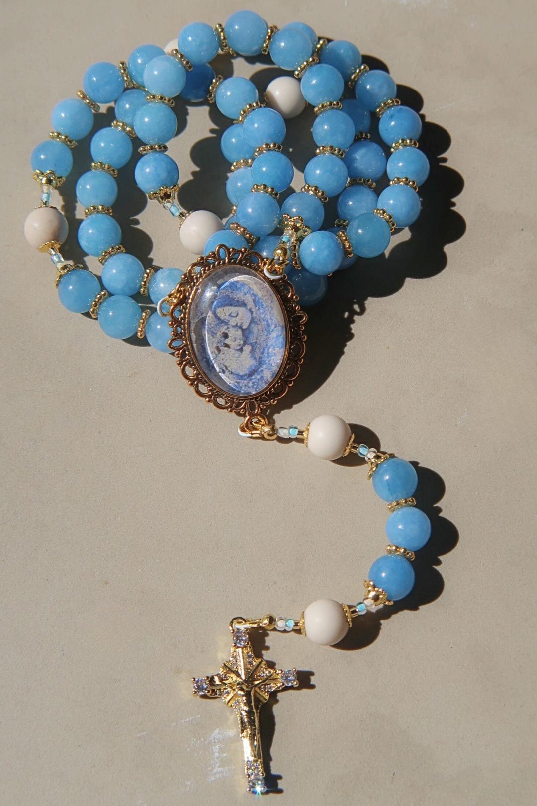Blue Catholic Pattern Blue Catholic Rosary – Handmade Marian Prayer Beads | Devotional Rosary ...