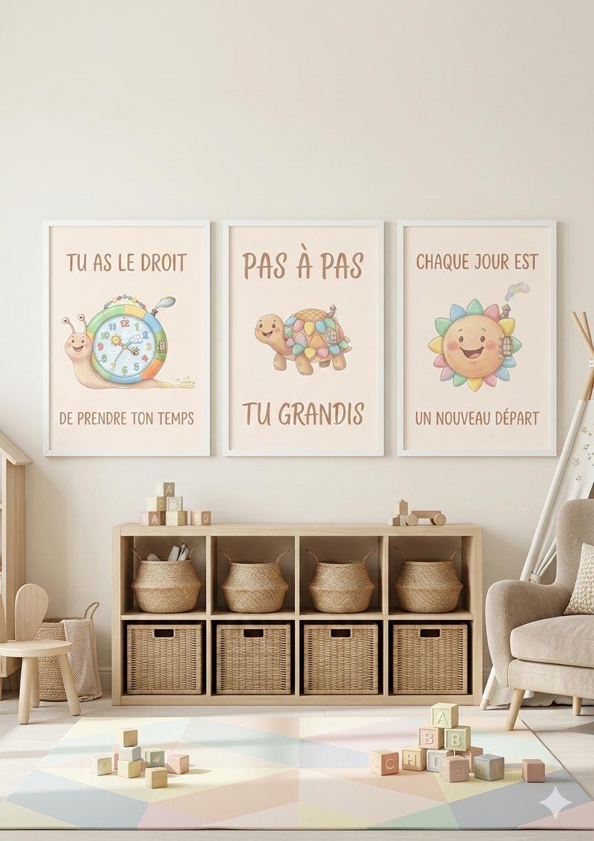 Lot 3 Posters A4 Chambre Enfant – Décoration Bébé Fille Garçon Tableaux Muraux Mignons Sans Cadre