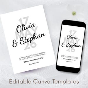 Puede incluir: Una invitación de boda blanca y un teléfono inteligente que muestra el mismo diseño. La invitación y la pantalla del teléfono presentan los nombres "Olivia & Stephan" con la fecha "17 de mayo de 2026". El texto "Plantillas de Canva editables" está en la parte inferior.