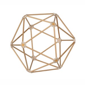 May include: A geometric icosahedron structure constructed from thin, light-coloured wooden rods connected by off-white plastic hubs. Each hub features a small, circular yellow centre, creating a symmetrical, open-frame polyhedral sculpture.