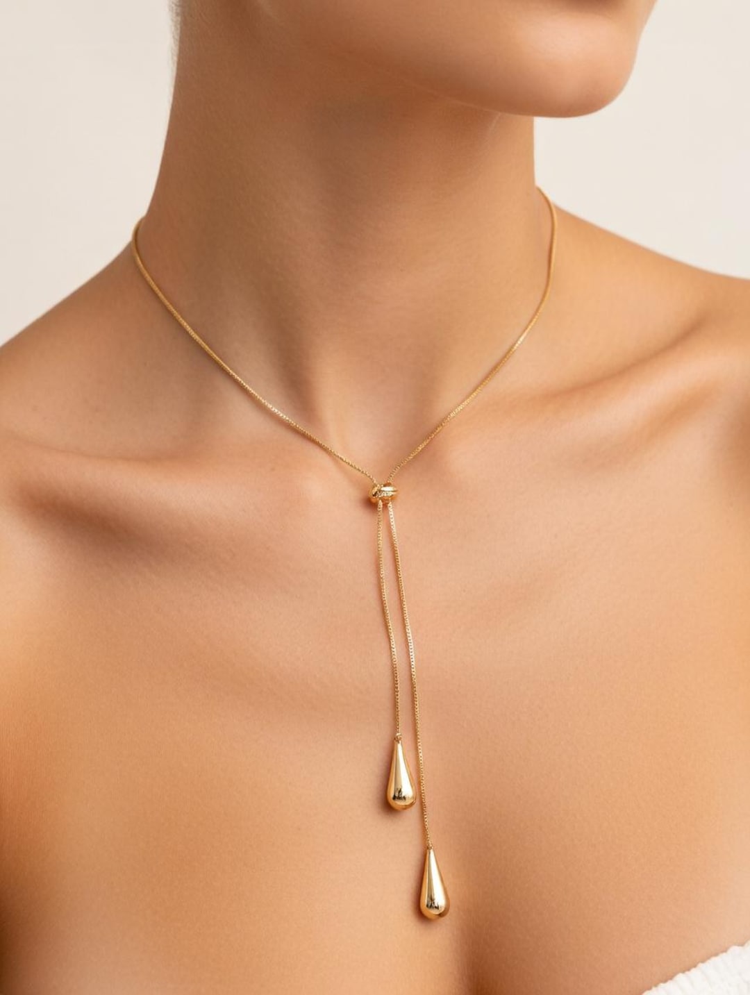 Drawstring Minimalist Gold Lariat Necklace- Adjustable Pull Tie Y