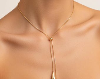Drawstring Minimalist Gold Lariat Necklace- Adjustable Pull Tie Y