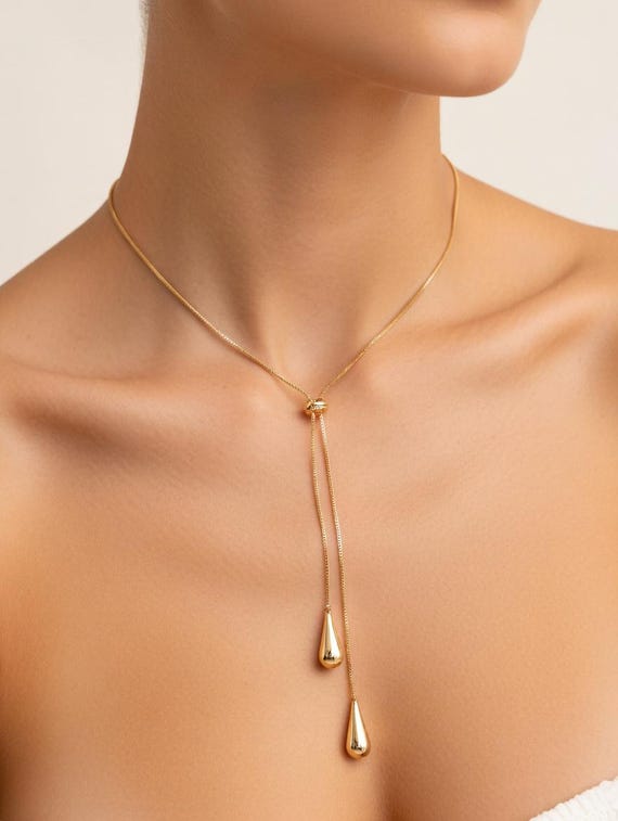 Drawstring Minimalist Gold Lariat Necklace- Adjustable Pull Tie Y