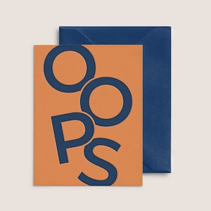 May include: A card with an orange background and the word "OOPS" written in blue letters. The letters are stylized and overlap each other.