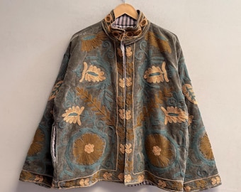 Handgjord blommig broderad jacka i bomull och sammet – Boho Vintage Statement-kappa