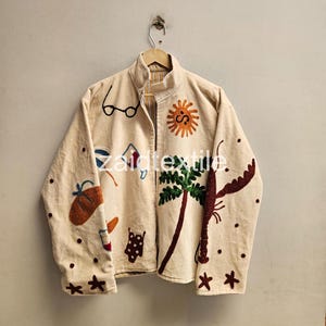 Handmade Embroidered Art Jacket | Boho Oversized Cotton Jacket | Abstract Wearable Art Coat | Unisex Statement Jacket | Gift for Her & Him