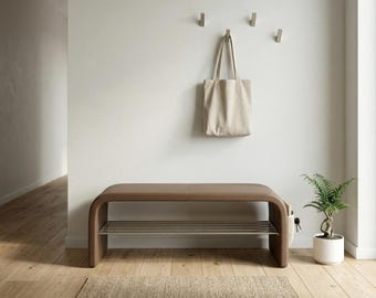 Brown Wooden Entryway Shoe Bench with Seat – Modern Hallway Storage Organizer