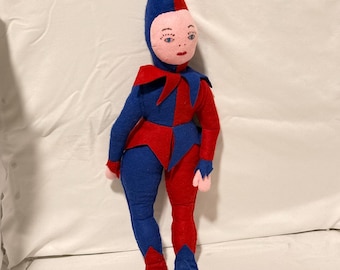 Handmade Felt Jester Doll, Red Blue Harlequin Clown Soft Sculpture, Retro Decor
