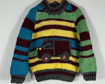 Vintage Handmade Kids Chunky Knit Striped Sweater Truck Applique Multi-Color