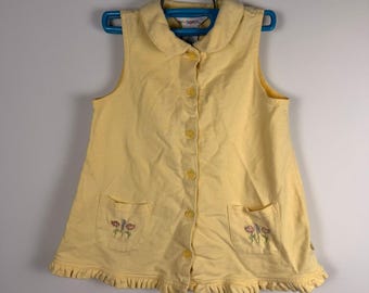 Vintage Gymboree jurk uit 1998 met gele bloemenborduursels, ruches aan de zoom en knoopjes, maat XXL