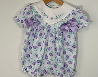 VTG 80s 90s Mini Togs Baby Girl Floral Bubble Romper Embroidered Bib Collar 12M