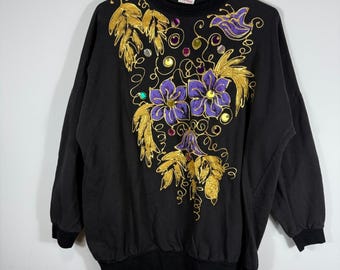 VTG Piccadilly Fashions Black Floral Embellished Sweatshirt Gold Purple CANADA