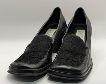 Greenwich Village Vintage-Loafer aus schwarzem Leder mit Blockabsatz und eckiger Spitze, Damengröße 7,5 M