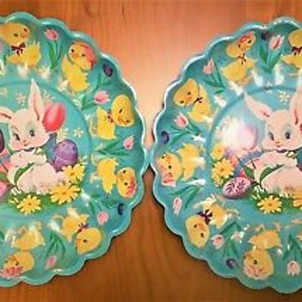 Vintage Plastic Easter Bunny Blue Tray Set With Scalloped Edges Clean!