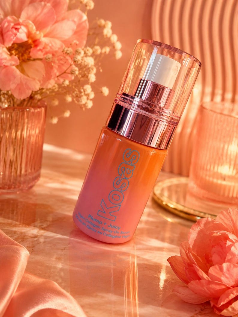 Op de afbeelding: Een cosmeticafles met een kleurovergang van oranje naar roze, met de merknaam "Kosas" in blauw. De fles heeft een transparante pomp en dop, met een metallic ros&eacute;gouden accent. Het product is gelabeld "Plump + Juicy".