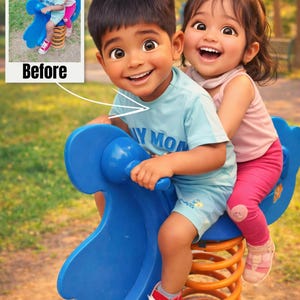 Può includere: Un'illustrazione digitale di due bambini su un gioco a molla blu. Il bambino indossa una maglietta azzurra con la scritta MY MOM e scarpe da ginnastica rosse. La bambina indossa un top senza maniche rosa chiaro e leggings rosa. Un piccolo riquadro mostra l'originale.