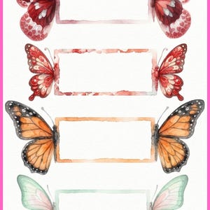 Può includere: Illustrazioni ad acquerello di farfalle con cornici rettangolari. Le farfalle sono in tonalità di rosso, arancione e verde, con motivi alari dettagliati. Le cornici sono in colori coordinati, perfette per progetti di artigianato o design.