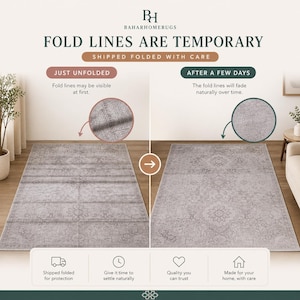 May include: A comparison graphic for a gray area rug showing fold lines immediately after unfolding and how they fade after a few days. Text includes FOLD LINES ARE TEMPORARY, SHIPPED FOLDED WITH CARE, JUST UNFOLDED, and AFTER A FEW DAYS.