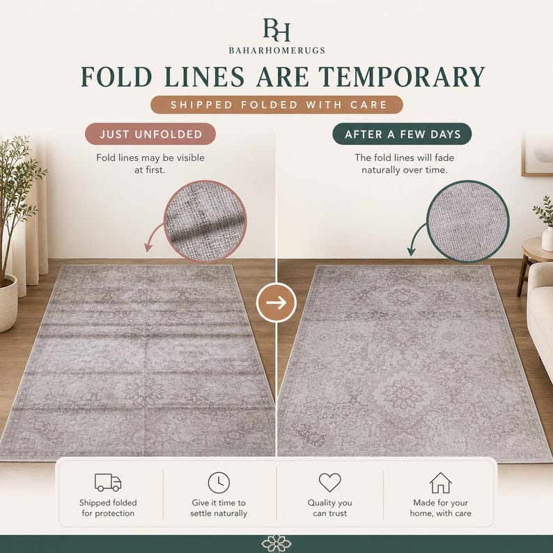 May include: A comparison graphic for a gray area rug showing fold lines immediately after unfolding and how they fade after a few days. Text includes FOLD LINES ARE TEMPORARY, SHIPPED FOLDED WITH CARE, JUST UNFOLDED, and AFTER A FEW DAYS.
