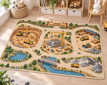 May include: A rectangular area rug featuring a detailed construction site scene with roads, a blue river, a bridge, and various yellow construction vehicles. A wooden sign at the top reads Lennox's Construction Site, surrounded by trees and gravel piles.