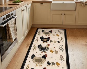 Tappeto stile rustico vintage con galline e pulcini / Decorazione patchwork con galline e pulcini, arte popolare