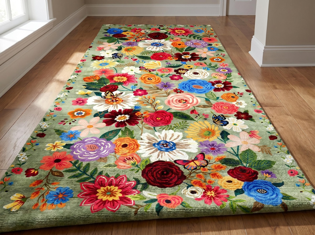 Colorful Floral Runner Rug – Sage Green Wildflower Runner Rug-non-slip ...