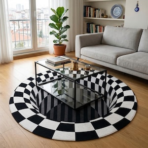 Könnte beinhalten: Runder schwarz-weißer Schachbrettmuster-Teppich mit 3D-Optik-Design. Ein moderner Couchtisch aus Glas mit schwarzem Metallrahmen steht auf dem Teppich. Der Raum hat eine neutrale Farbpalette mit einem grauen Sofa und Holzböden.