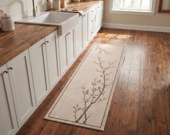 Può includere: Un tappeto passatoia rettangolare con sfondo beige chiaro e un motivo a rami botanici marrone scuro. Il tappeto presenta un sottile bordo marrone scuro ed è posizionato su un pavimento in legno in una cucina con mobili bianchi e un lavello.
