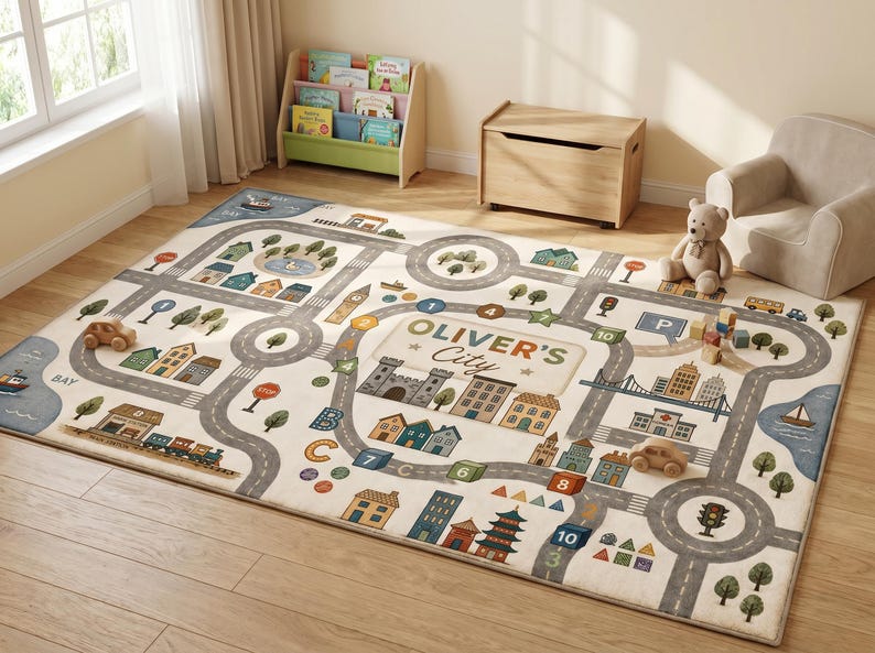 May include: A rectangular area rug featuring a printed city map design with roads, buildings, trees, and water elements. The center displays the text 'OLIVER'S City' surrounded by a castle, houses, numbered blocks, and a train track illustration.