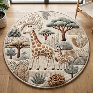 Könnte beinhalten: Runder Teppich mit einer Giraffe und ihrem Kalb im Safari-Design. Der Teppich hat einen cremefarbenen Hintergrund mit braunen, beigen und grünen Akzenten. Die Giraffe hat braune Flecken. Der Teppich ist aus weichem, strukturiertem Material.