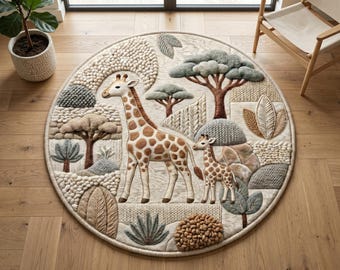 Giraffe Safari Nursery Rug, Round Boho Kids Playroom Carpet, Neutral Jungle Theme