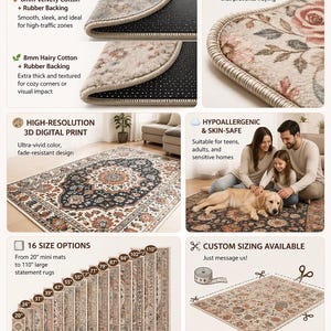 May include: BaharHomeRugs product features infographic displaying rug material options with 6mm velvety or 8mm hairy cotton, overlocked edges, high-resolution 3D digital prints, hypoallergenic properties, 16 size options from 20 to 110 inches, and custom sizing.