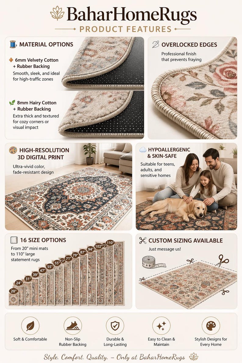 May include: BaharHomeRugs product features infographic displaying rug material options with 6mm velvety or 8mm hairy cotton, overlocked edges, high-resolution 3D digital prints, hypoallergenic properties, 16 size options from 20 to 110 inches, and custom sizing.